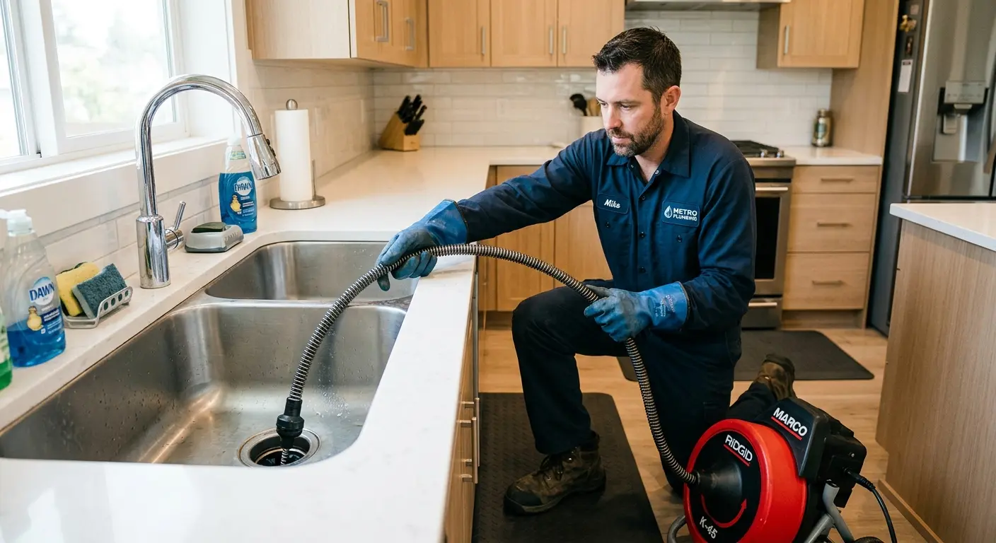 Drain cleaning technician using a motorized snake on a kitchen sink in Cleveland