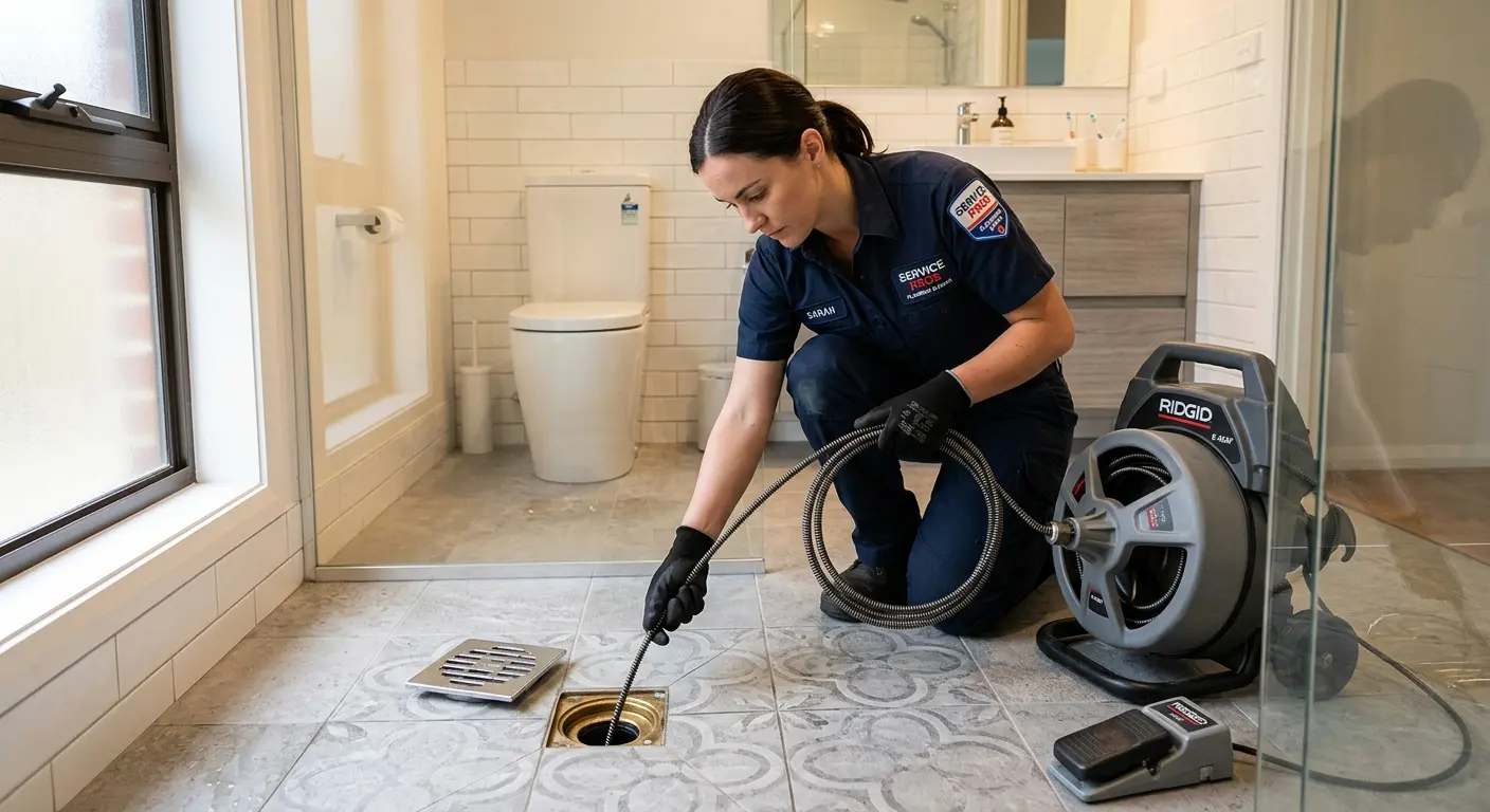 Technician clearing a bathroom floor drain for Drain Repair in Cleveland